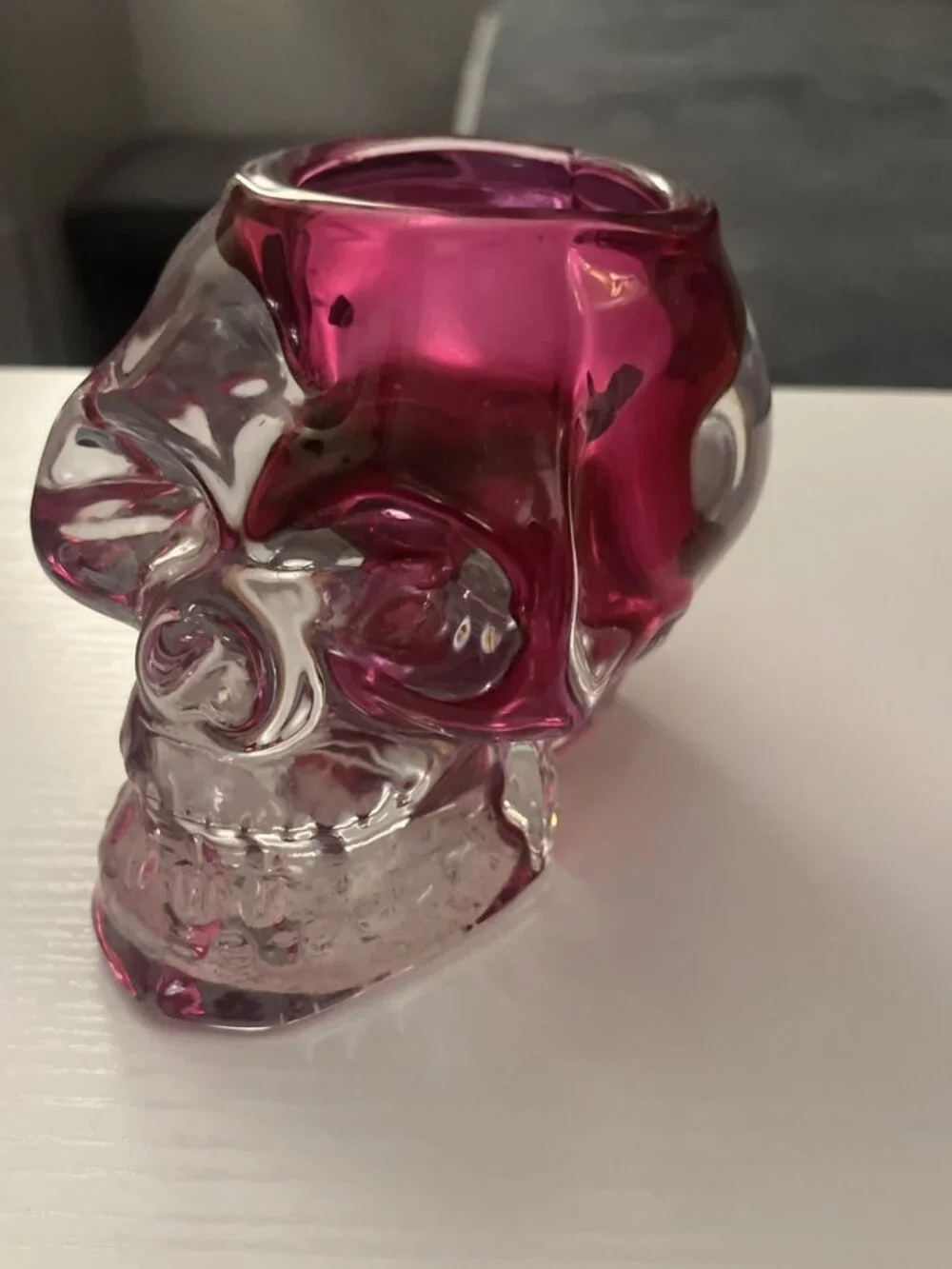 Pink & Clear Art Glass Skull Tealight Candle Holder Halloween 4” Tall